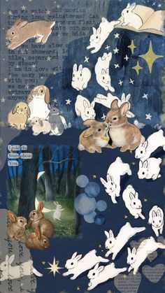 an altered collage of rabbits and stars in the night sky with words written below