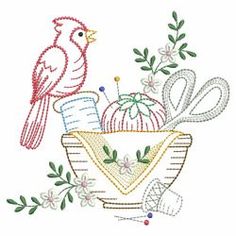 a bird sitting on top of a basket filled with yarn and knitting needles next to another bird