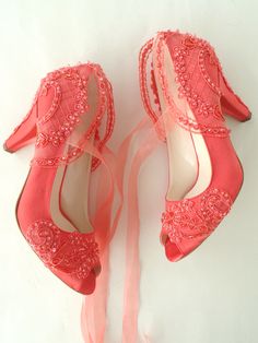 "Coral embellished lace wedding shoes for bride, custom heel heights and shoe styles available. Perfect beach wedding shoes, ideal for destination weddings or elegant receptions. Great wedding gift, bridesmaids gift, engagement gift. Coral satin bridal shoes are designed with embroidered lace. Coral beads and shiny sequins are used on the embroidery. Organza ribbons tie on the front. They are made of soft smooth satin and delicate lace, each handmade item is unique and can differ in details only Valentino Wedding Shoes, Wedding Shoes Open Toe, Best Friend Board, Embellished Wedding Shoes, Glitter Wedding Shoes, Lace Bridal Shoes, Purple Wedding Shoes, Coral Shoes, Custom Heels