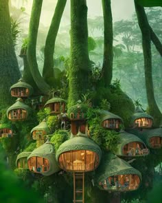 a group of houses in the woods surrounded by green plants and trees with people inside