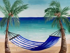 a painting of two palm trees and a hammock on the beach