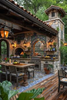 an outdoor kitchen and dining area is shown