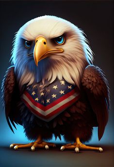 an eagle with the american flag bandanna on it's chest, standing in front of a dark background