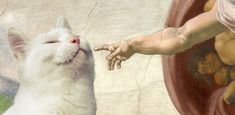 a close up of a painting with a cat near it's face and hands