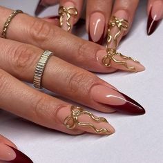 Bow Nail Designs, Gold Chrome Nails, Red And Gold Nails, Gold Nail Designs, Vintage Nails, Cherry Nails, Almond Nails Designs, Burgundy Nails