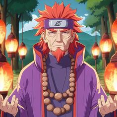 an anime character with long red hair and beard wearing a purple outfit, standing in front of lanterns