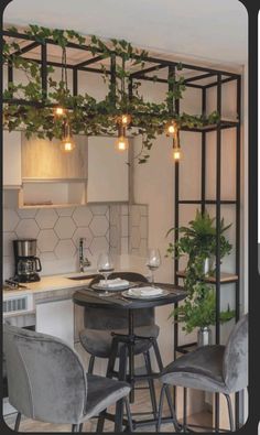 a kitchen with some chairs around a table and plants growing on the wall above it