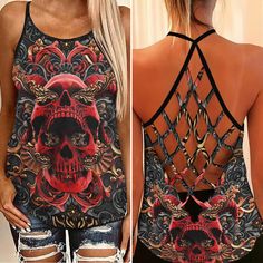 This Red Ornament Skull Gothic Criss-Cross Open Back Tank Top, Coolest T-Shirt For Women is characterized by the most beautiful and unique design of the skull. This skull t-shirt is multi-functional: You can wear it casually or anywhere like a party, bar, or club. It will be a trendy choice for women who want to show their creativity in style. Please check out our size chart carefully Material: 97% Polyester, 3% SpandexPackage Include: 1 x dressNote: There might be 2-3% difference according to m Red Skull Print Top For Halloween, Gothic Party Tops With Skull Print, Casual Red Skull Print Tops, Red Gothic Sleeveless Top, Red Sleeveless Gothic Top, Gothic Cotton Top With Skull Print, Skull Clothes, Gothic Sleeveless Top With Skull Print, Gothic Skull Print T-shirt For Alternative Fashion