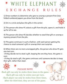 an elephant and snowflakes with the words white elephant exchange rules written below it