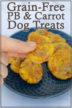 grain - free pb and carrot dog treats on a blue plate with text overlay