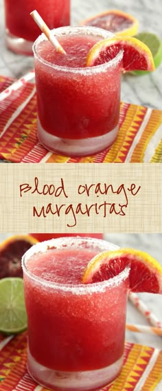 blood orange margaritas are served in glasses with garnishes