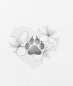 a drawing of a dog's paw and flowers in the shape of a heart