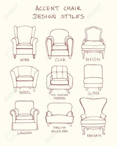 different types of armchairs and chairs for living room or bedroom, hand drawn in red ink