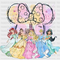 disney princesses with their castle in the background