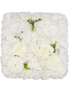 white carnations and greenery arranged in a square arrangement on a white background