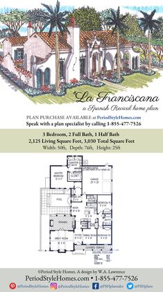 the floor plan for this spanish style home is shown in two different colors and sizes