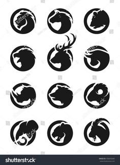 black and white silhouettes of different animals in circle shapes, with one animal's head