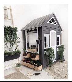 a garden shed with plants in it and some potted plants on the floor next to it