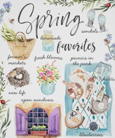 a poster with the words spring and favorites written in english, french or spanish