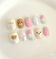 Credits in picture ( ID ) Cute Short Kawaii Nails, Kawaii Nail Ideas Short, Kawaii Short Nail Art, Kawaii Short Nails, Rilakkuma Nail Art, Press On Nails Short Kawaii, Cc Nails, Bears Nails