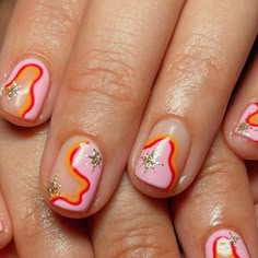 Pink And Orange Star Nails, Pink And Orange Flame Nails, 70s Inspired Nails, Pink And Orange Abstract Nails, Pink And Orange Airbrush Nails, Trippy Pink Nails, Negative Space Nail Art, Space Nails