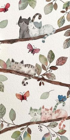 watercolor painting of cats sitting on branches with leaves and butterflies