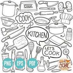 the kitchen doodle clip art is shown with words and cooking utensils on it