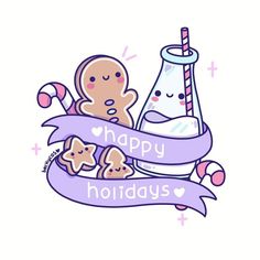 a cartoon character holding a ribbon with the words happy holidays on it and an octopus