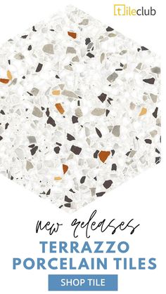 the terrazzo porcelain tile is shown in white, brown and black colors with text that reads