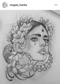 a drawing of a woman with flowers in her hair