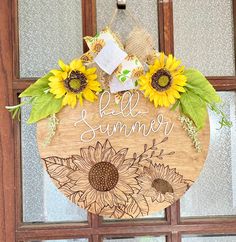 Hello Summer Door Hanger Jo Wood, Sunflower Door Hanger, Head Over Heels, Paint Stain, Hello Summer, Birch Plywood, Door Hanger, Door Hangers, Curb Appeal