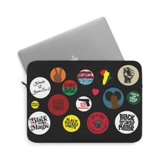 a laptop case with many different stickers on the front and back side of it