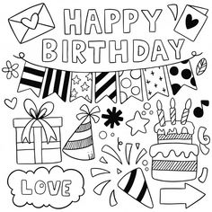 a happy birthday card with lots of balloons and presents on the side, in black and white