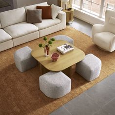 a living room filled with furniture and a rug on top of a floor covered in carpet