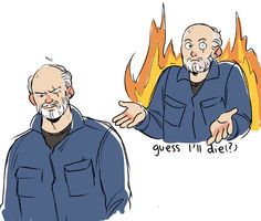 an older man with a beard and blue shirt is pointing at the flames behind him