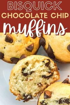 chocolate chip muffins on a white plate with text overlay