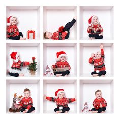 a collage of photos with babys dressed up in christmas sweaters and hats