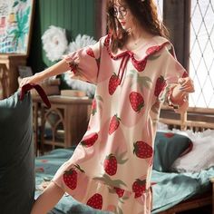 Sweet dreams are made of this 🍓🌙 Slip into our Strawberry Print Midi Nightgown for a cozy night in. This Women's Sleep One Piece Pajama Nightdress #753 is perfect for lounging or sleeping in style. Available in XL size and a beautiful shade of pink, it's the perfect addition to your sleepwear collection. #StrawberryNightgown #Sleepwear #Nightdress #WomenPajamas #CozyNights 🌟 #Pink #Dress Nightgowns For Women, Strawberry Print, Cozy Night, One Piece Pajamas, Fruit Print, Pajamas Women, Night In, Sweet Dreams, Night Dress