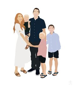 a family is standing together in front of a white background