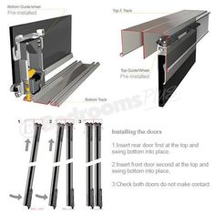 the instructions for sliding glass doors are shown in three different positions, including an open door and