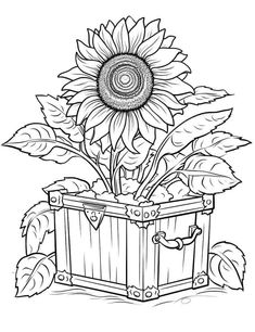 a sunflower in a wooden box with leaves on the ground, coloring pages for adults