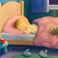 a painting of a child sleeping on a bed