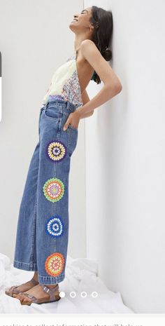 Carleen High-Rise Crochet Wide-Leg Jeans size 10 NEW. Crochet Denim Pants, Crochet Jeans Patch, Crochet Jeans, Boho Style Jeans, Denim Crochet, Trouser Pattern, Clothing Crafts, Upcycle Clothes Diy, Crochet Pants