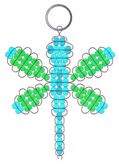 a blue and green beaded dragon keychain hanging from a metal hook on a white background