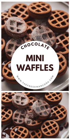 chocolate mini waffles on a white plate with the words chocolate written above them