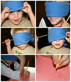 there is a collage of photos showing how to make a blindfold for a child