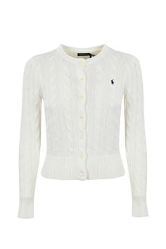 women's cable knit sweater: cotton long sleeves crew neck braided workmanship button closure embroidered logo ribbed cuffs, bottom and hems slim fit composition: 100% cotton | Polo Ralph Lauren Women's Cable Cardigan With Logo in White | SS24 Cable Knit Sweater Womens, Crew Neck Cardigan, Cable Cardigan, Polo Ralph Lauren Women, Ralph Lauren Logo, Fitted Cardigan, White Crew Neck, Ralph Lauren Long Sleeve, Lauren White