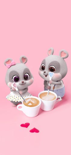 two little mouses standing next to each other in front of a cup of coffee