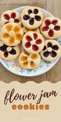 flower jam cookies on a plate with the title above it