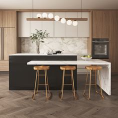 two stools are in front of the kitchen island